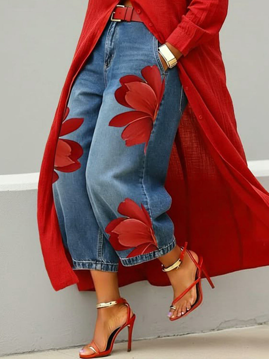 Women's Vintage Wash Red Floral Embroidered Denim Pants