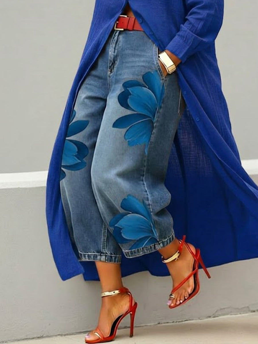 Women's Vintage Wash Red Floral Embroidered Denim Pants