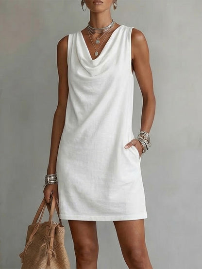 Draped-neck Sleeveless Cotton Dress