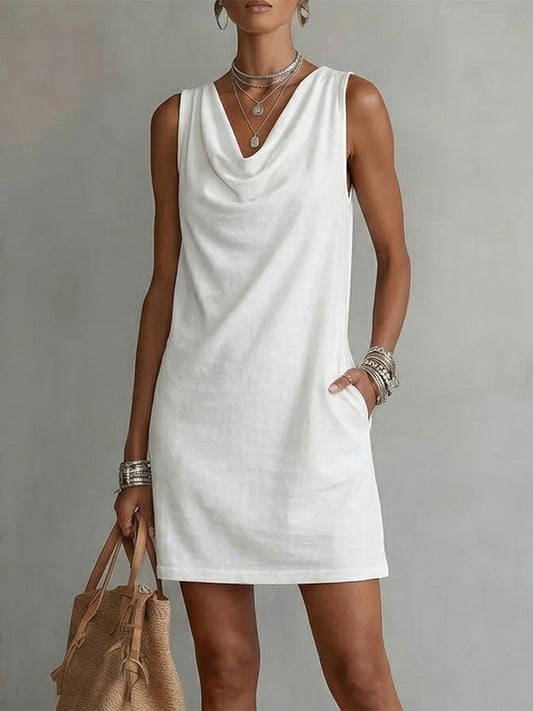 Draped-neck Sleeveless Cotton Dress