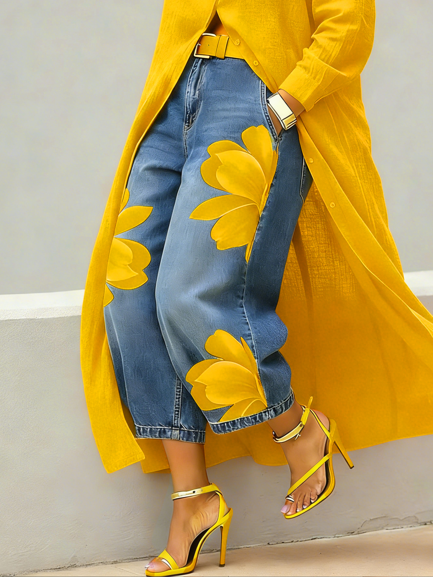 Women's Vintage Wash Red Floral Embroidered Denim Pants