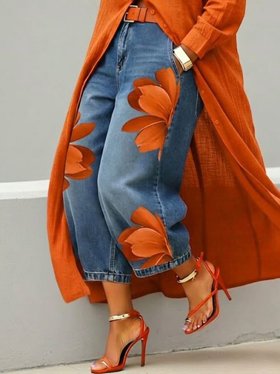 Women's Vintage Wash Red Floral Embroidered Denim Pants