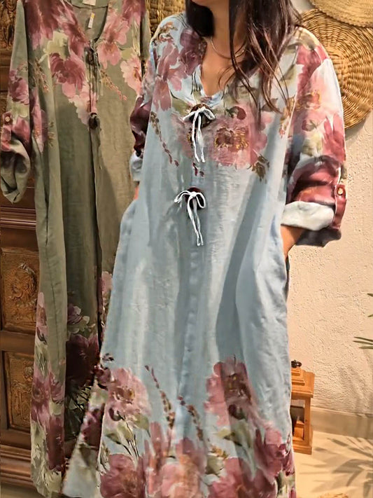 💝💝Women's V-neck Long Sleeve Vintage Positioning Print Casual Loose Cotton and Linen Dress
