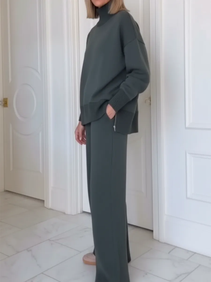 💝💝Casual Travel Stand Collar Side Zipper Top Straight Pants Two-Piece Set