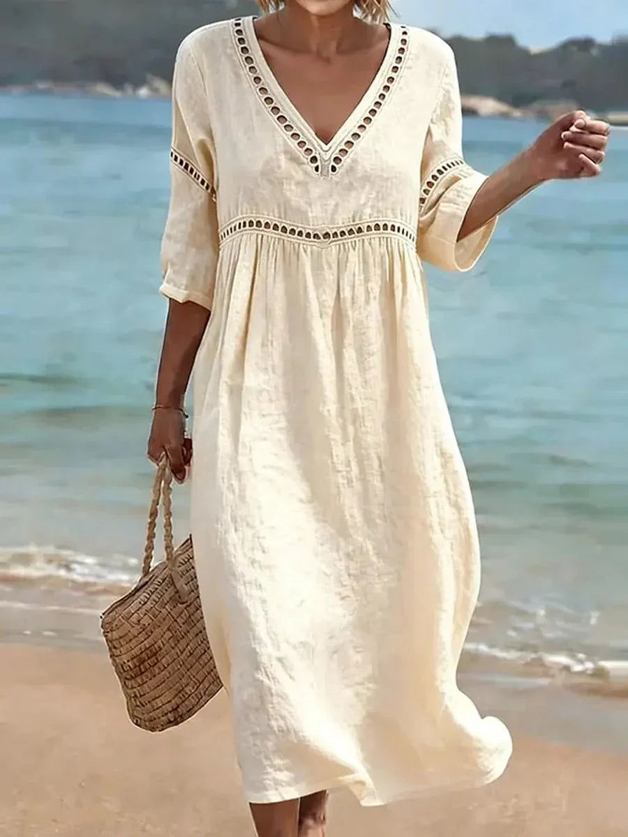 💝💝Women's Solid Color Retro Casual Stylish Vacation Cotton Dress