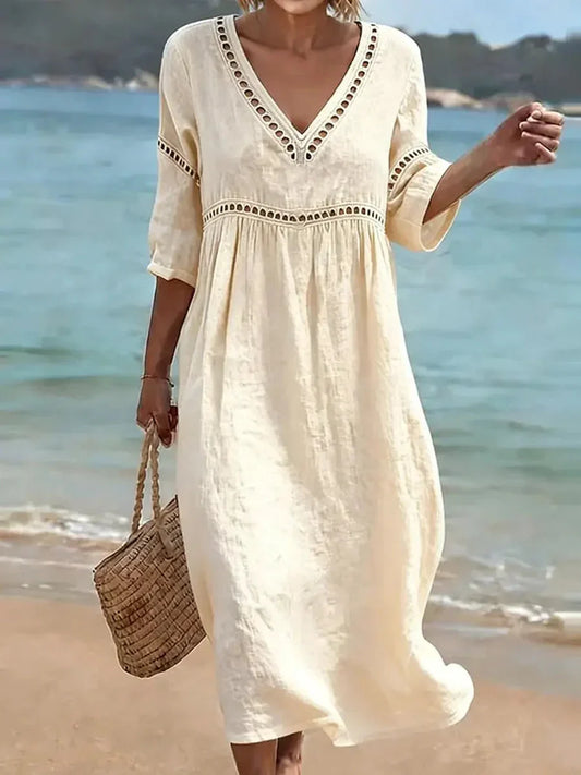 💝💝Women's Solid Color Retro Casual Stylish Vacation Cotton Dress