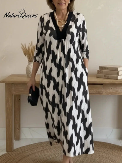 💝💝Elegant Art Print Color Block Trim V-neck Midi Dress