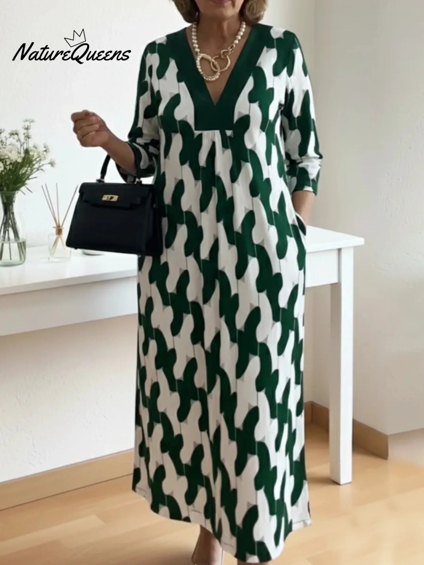 💝💝Elegant Art Print Color Block Trim V-neck Midi Dress