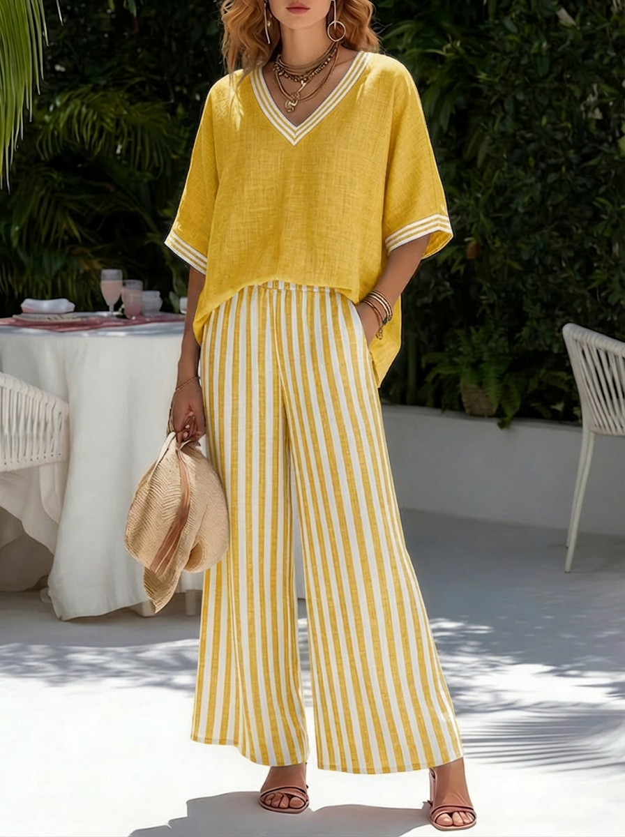 💝💝Casual Two-piece Set: Striped Linen & Cotton Patchwork Top And Striped Trousers— Look Put Together in 5 Seconds