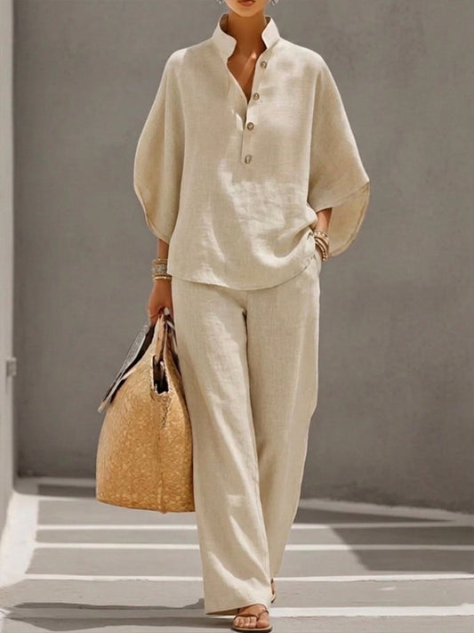 💝💝Casual Batwing Sleeve Linen And Cotton Shirt And Trousers Two-piece Set