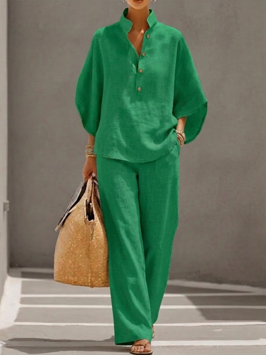 💝💝Casual Batwing Sleeve Linen And Cotton Shirt And Trousers Two-piece Set