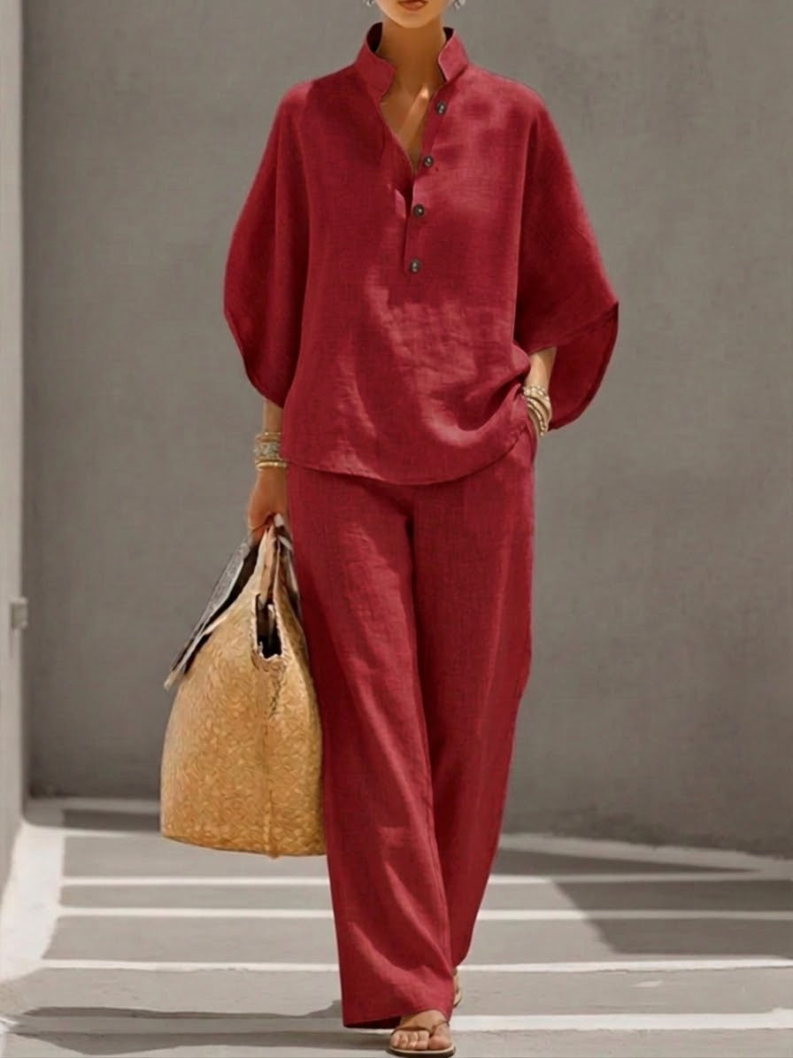 💝💝Casual Batwing Sleeve Linen And Cotton Shirt And Trousers Two-piece Set