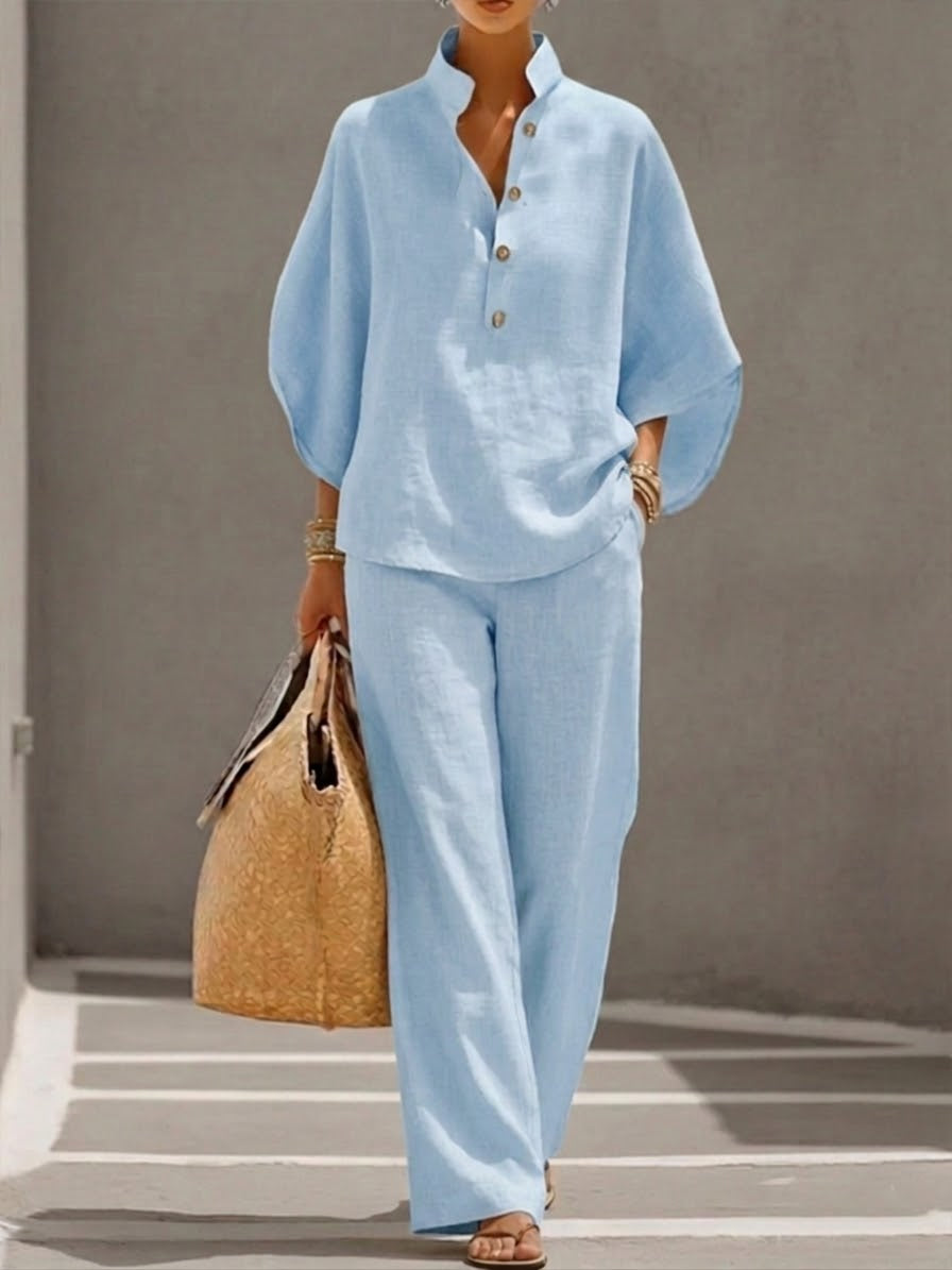 💝💝Casual Batwing Sleeve Linen And Cotton Shirt And Trousers Two-piece Set