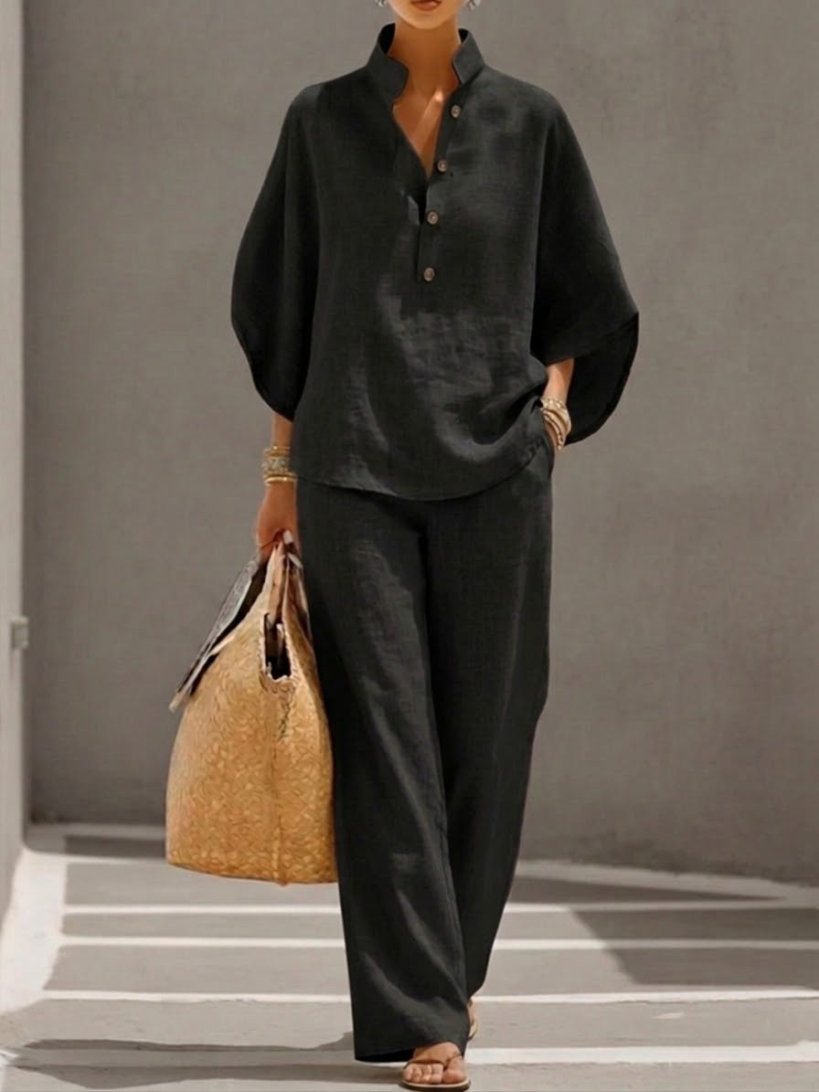💝💝Casual Batwing Sleeve Linen And Cotton Shirt And Trousers Two-piece Set