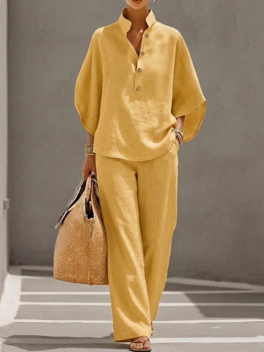💝💝Casual Batwing Sleeve Linen And Cotton Shirt And Trousers Two-piece Set